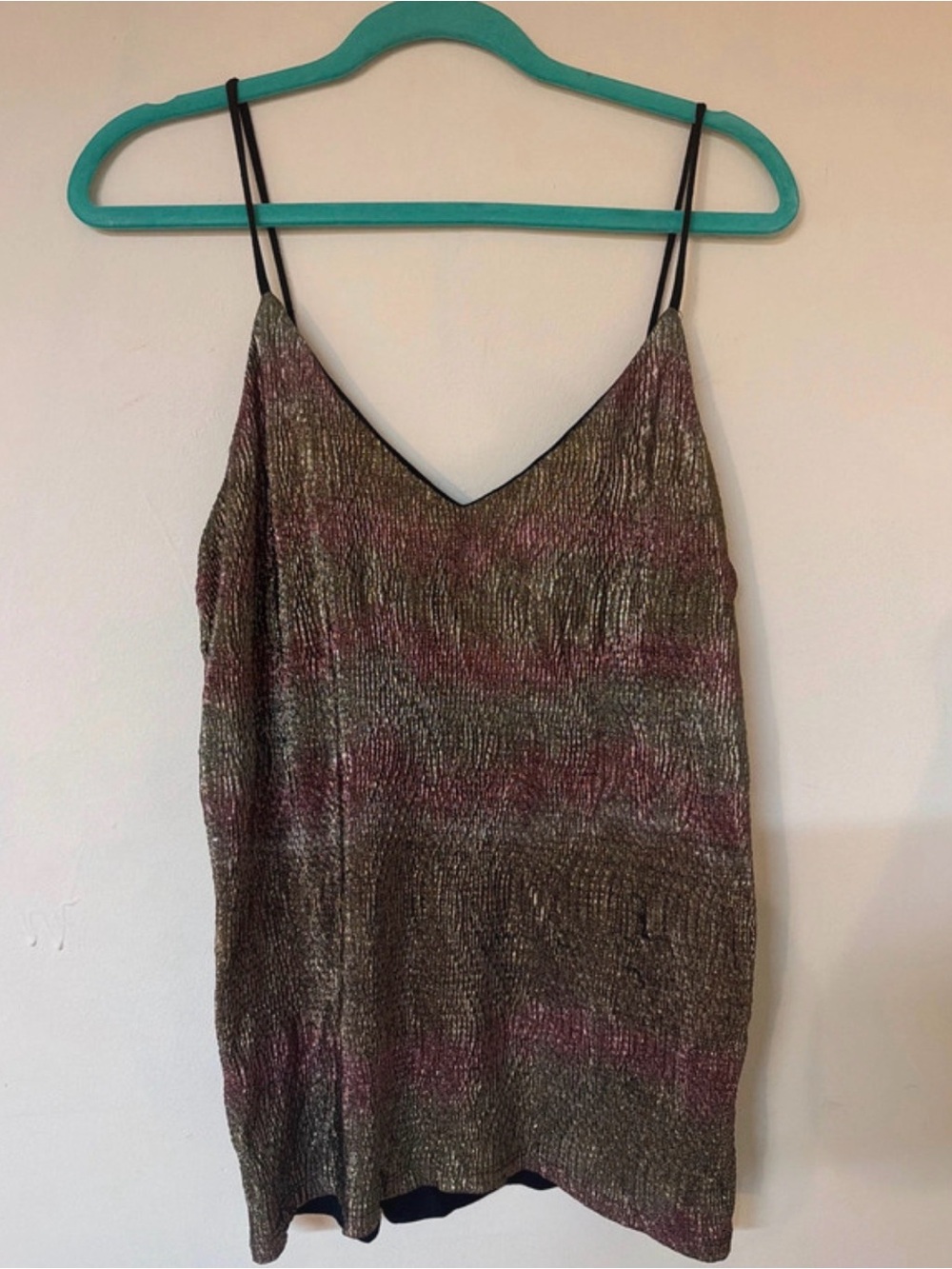 Kimchi Blue Metallic V-Neck Spaghetti Strap Tank in Shimmering Olive and Pink